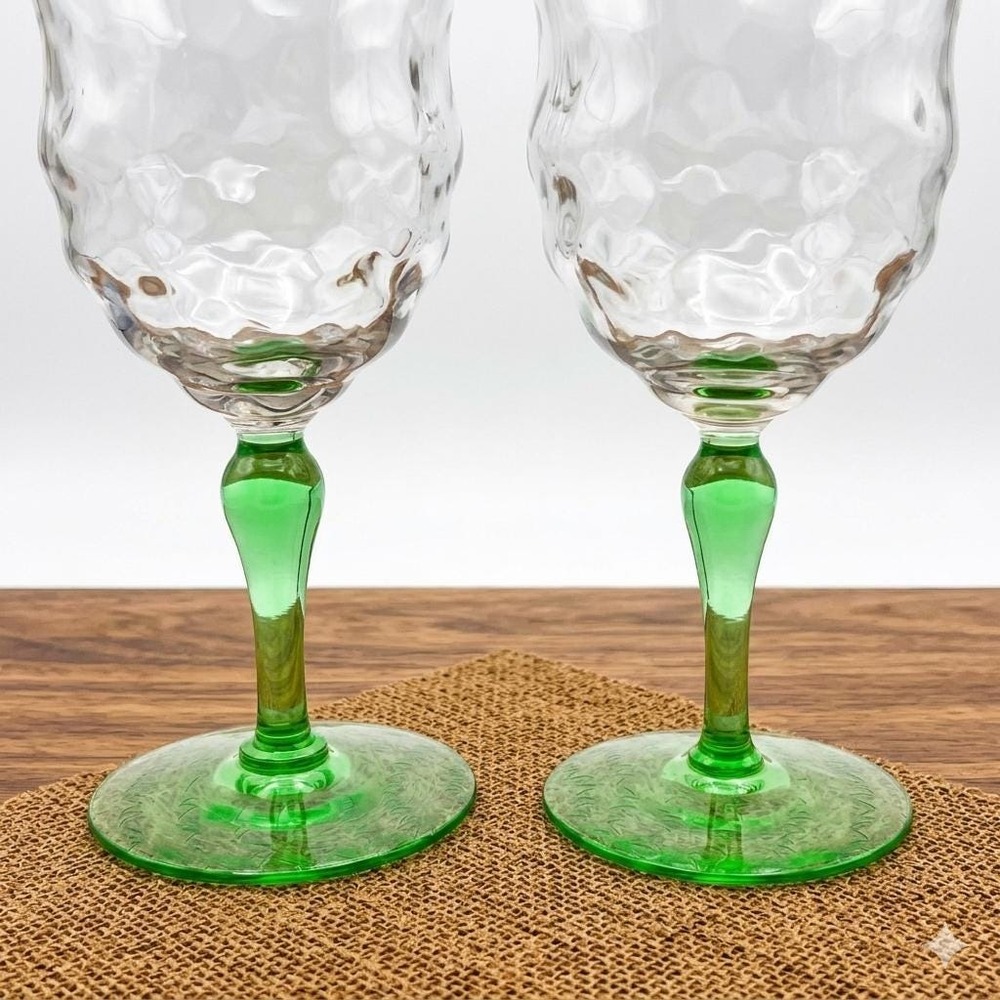Vintage Clear Textured Wine Glasses Uranium Green Glass Stems Set of 2 UV Glow
